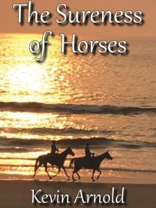 A couple riding horses on the beach in sunset